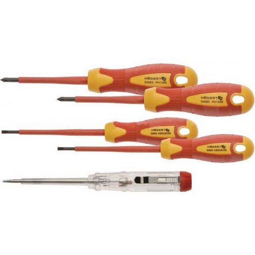 HOEGERT Набор изолированных отверток 1000 V с отверткой индикатором напряжения, сталь S2, 5 шт.