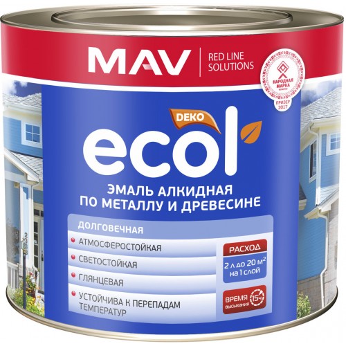 MAV ECOL  - алкидная эмаль по металлу и древесине  (белый) - 1л (0,9 кг)
