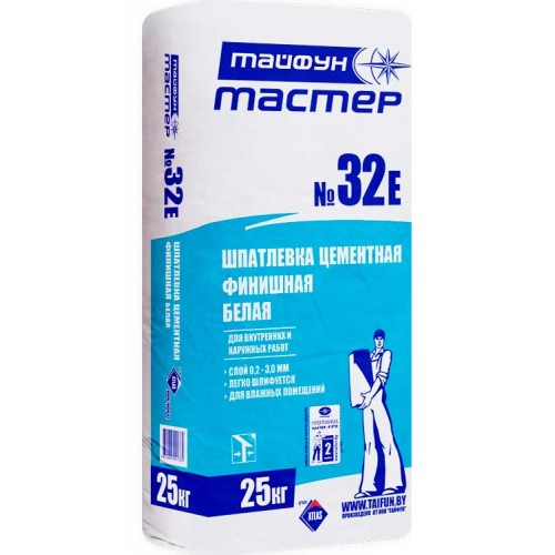 Тайфун Мастер 32е финишная цементная шпатлевка, белая - 25,0 кг